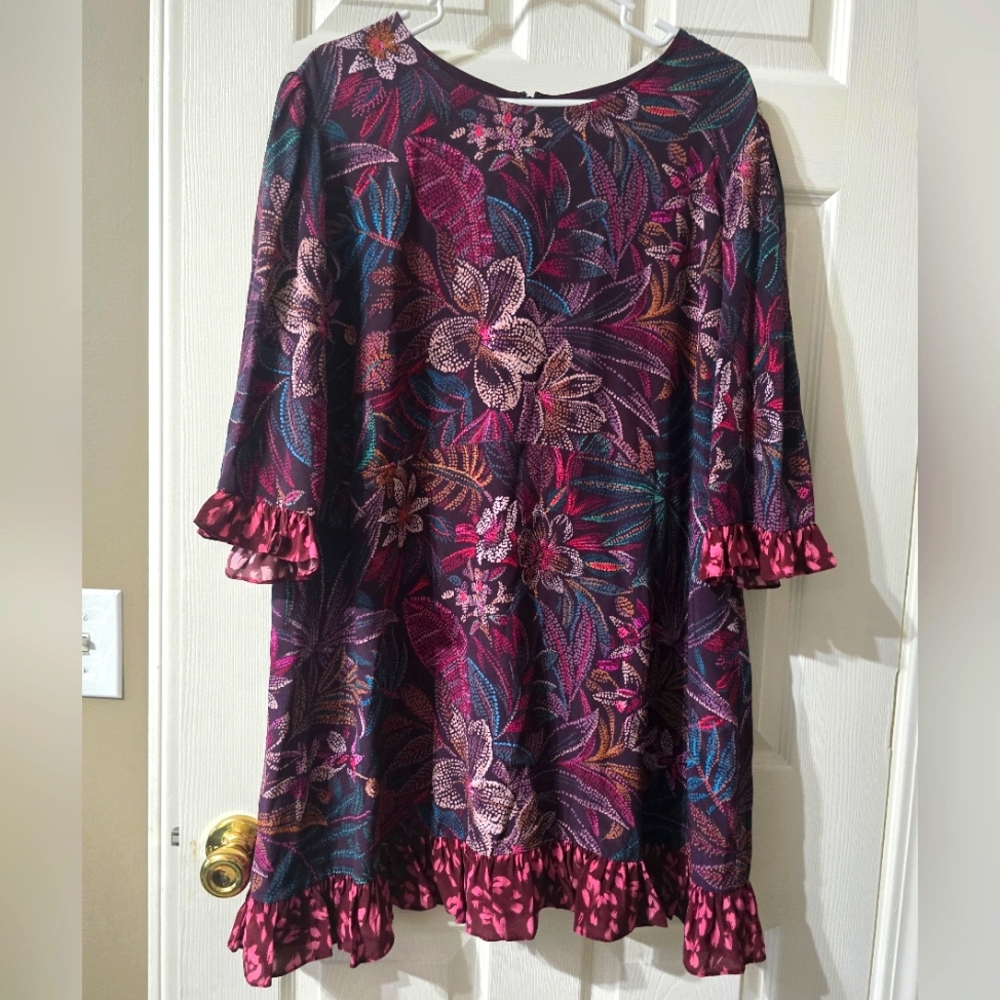 NWT Johnny Was Alicante Tunic Silk Shift Dress, Tropical Print, Ruffle Hem, XL. - Picture 2 of 16